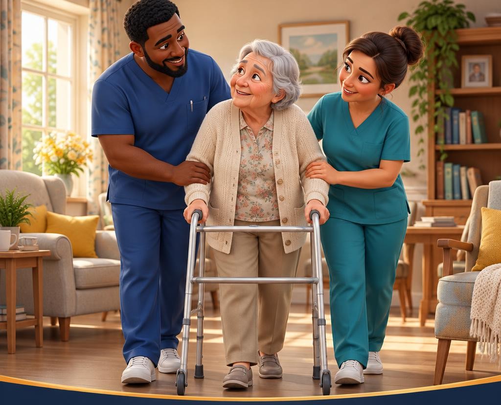 3D cartoon care workers safely supporting a resident with a walking frame