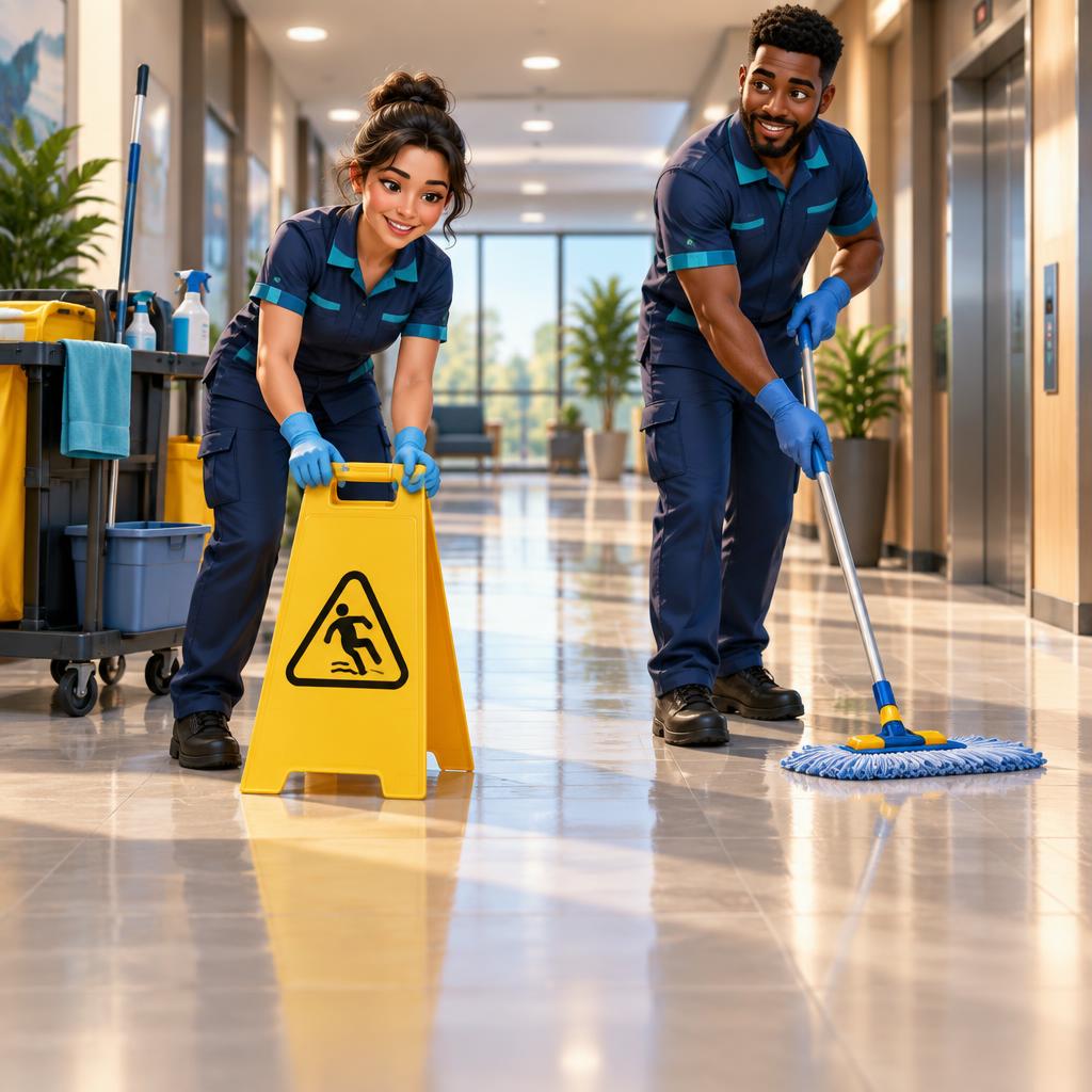 3D cartoon cleaning crew placing a wet-floor sign in a facilities corridor
