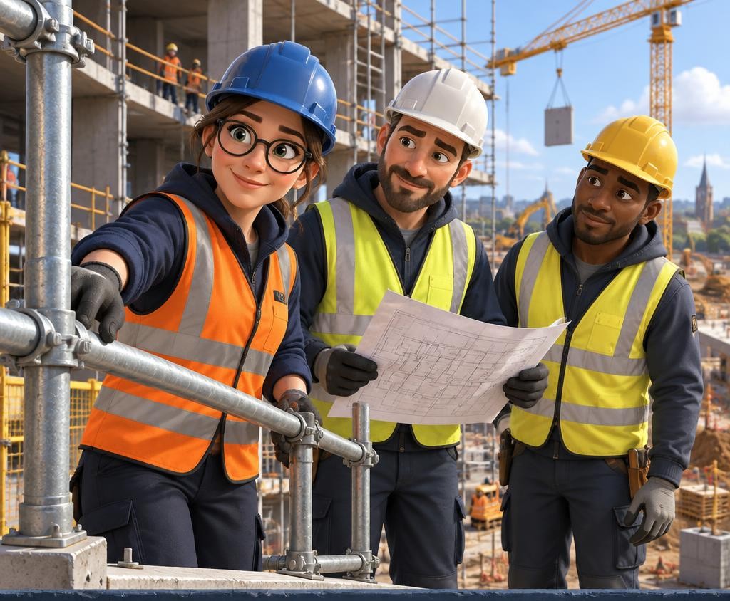 3D cartoon construction crew checking guardrails at a building site