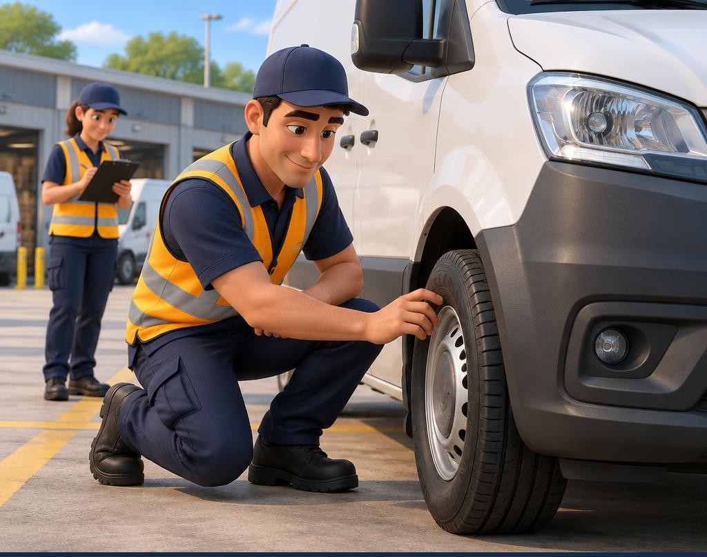 3D cartoon delivery drivers inspecting a van tyre before setting off