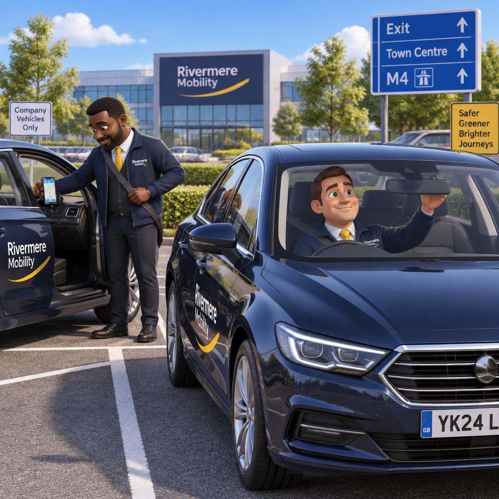 3D cartoon company car drivers setting mirrors and a hands-free phone mount before driving