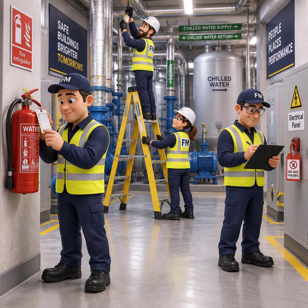 3D cartoon facilities team checking a fire extinguisher, a ladder and a locked-off electrical panel