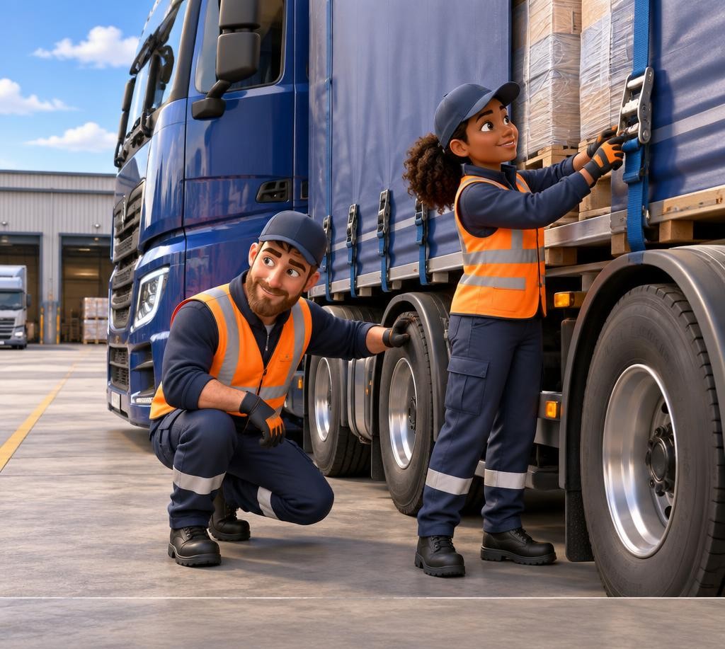 3D cartoon HGV drivers checking an articulated lorry and its load