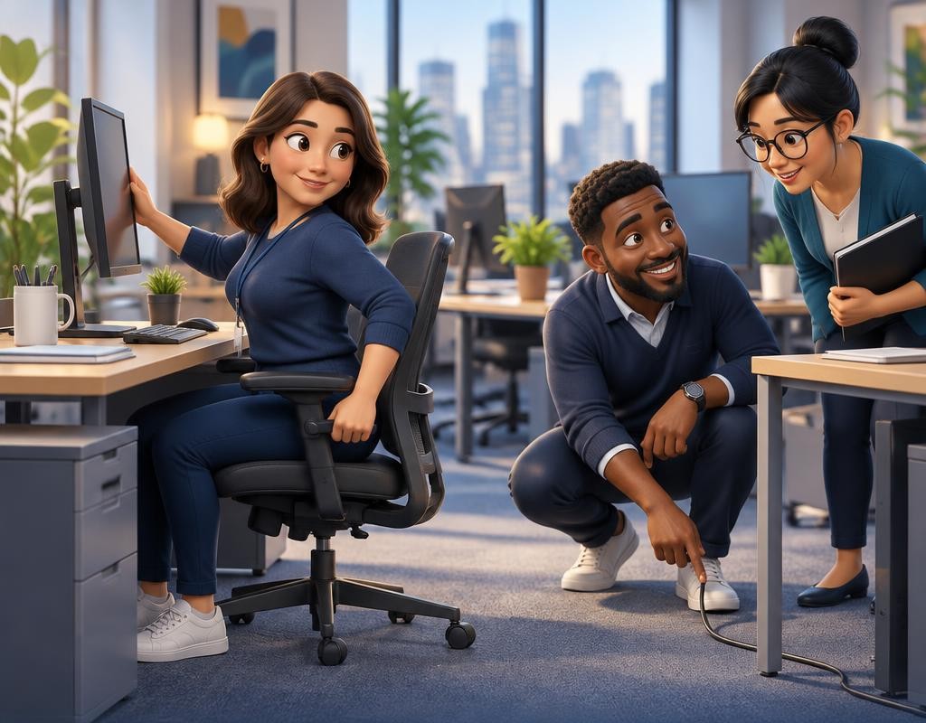 3D cartoon office staff checking workstation setup and a trailing cable