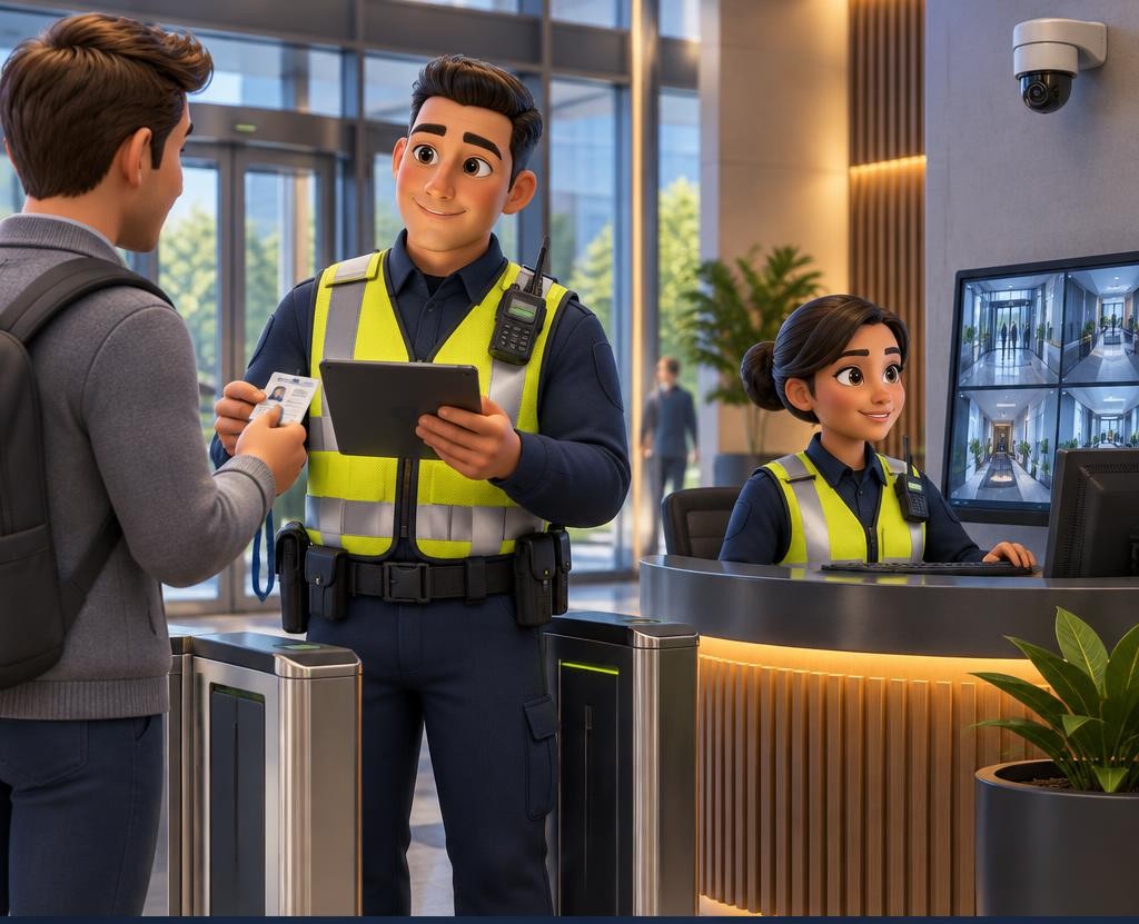 3D cartoon security team checking visitors and monitoring reception